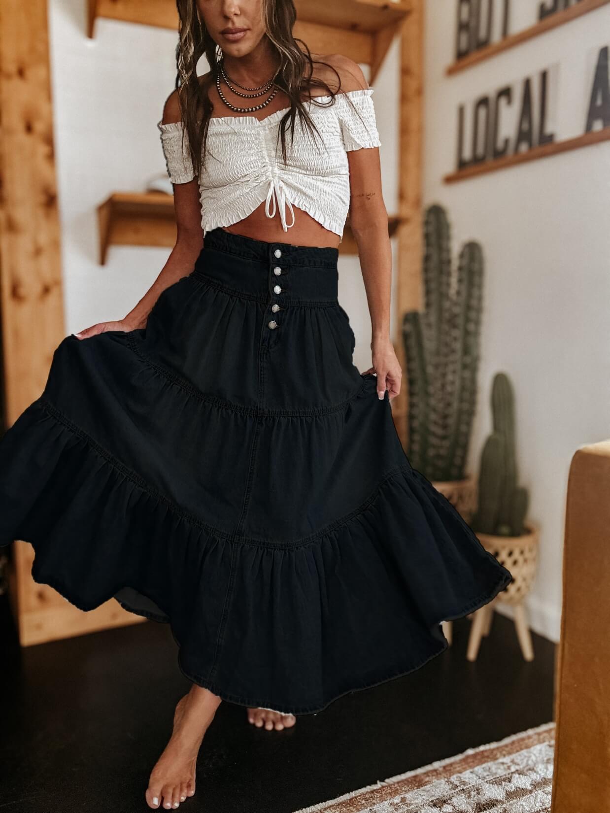 Sandie Tiered Denim Maxi Skirt