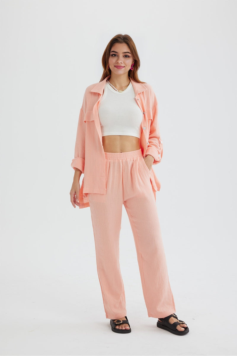 Long Sleeve Pocketed Slit Shirt Long Pants Suits