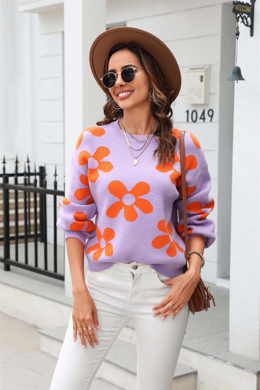 Fall Mega Daisy Pullover Sweater - Purple
