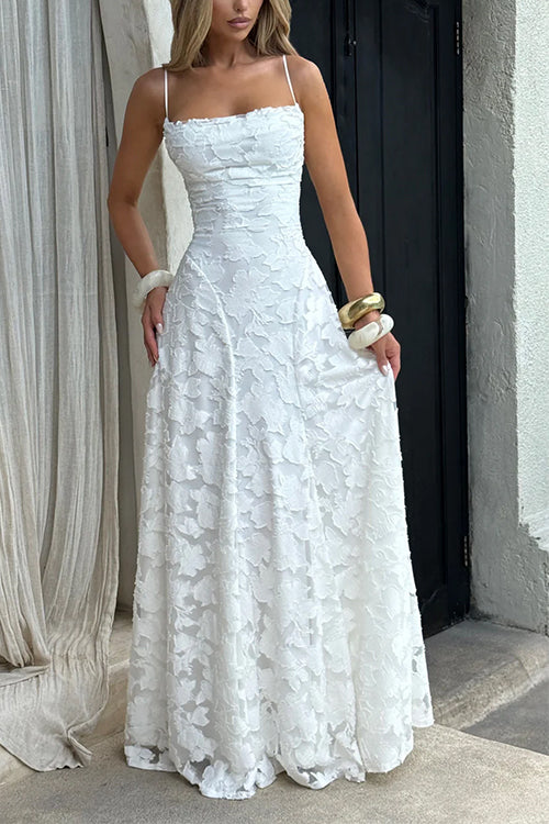 Moxidress Spaghetti Strap Backless Lace-up Jacquard Maxi Dress