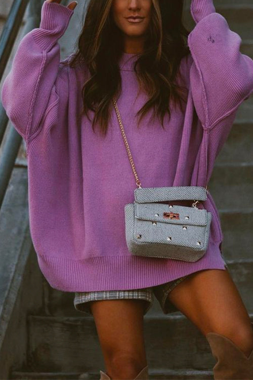 Crewneck Side Split Ribbed Knit Sweater