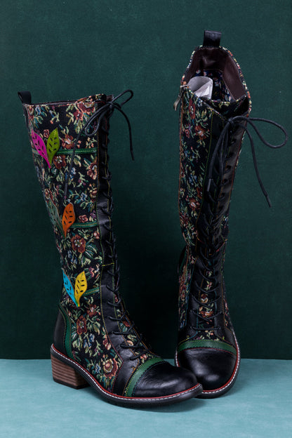 Soffia | Patchwork Applique Leather Canvas Boot