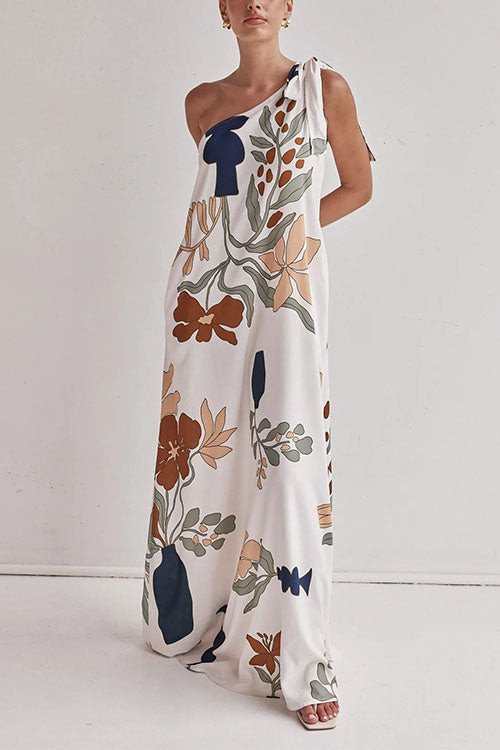Tie Knot One Shoulder Print Maxi Dress
