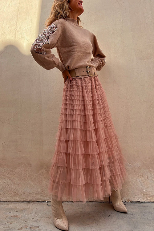 Moxidress Tulle Layered Ruffle Mesh Maxi Skirt