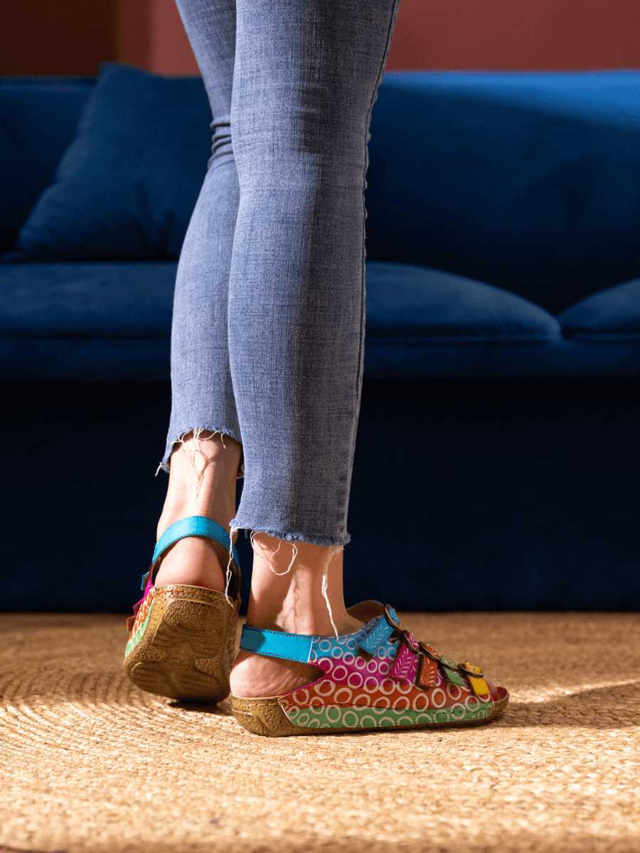 Soffia | Rainbow Strap Bubble Pattern Leather Sandal