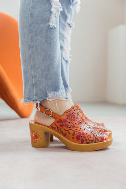 Soffia | Orange Embossed Perforated Leather Sandal