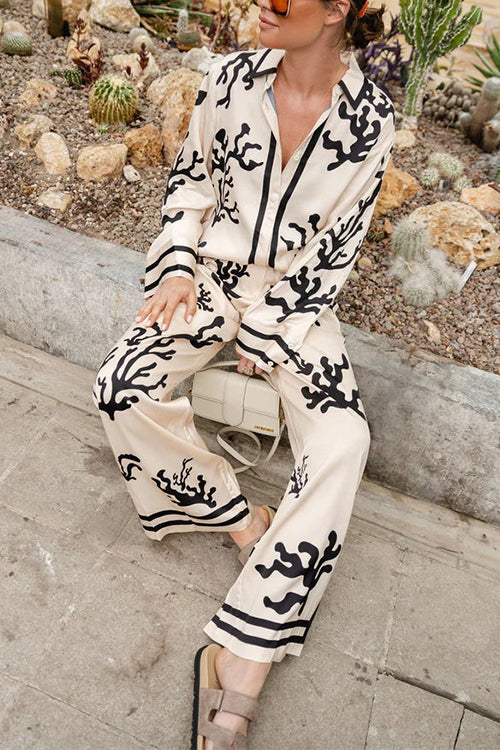 Moxidress Coral Reef Print Long Sleeves Blouse Shirt Wide Leg Pants Satin Set