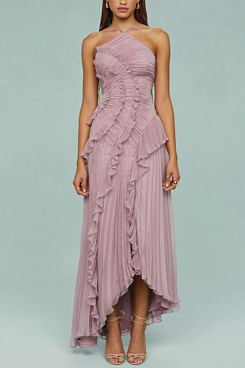 Moxidress Strappy Halter Neck Ruffle Trim Asymmetric Hem Pleated Maxi Dress