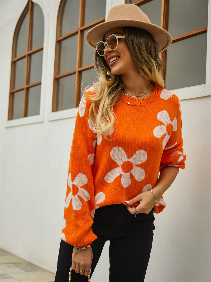 Fall Mega Daisy Pullover Sweater - Orange