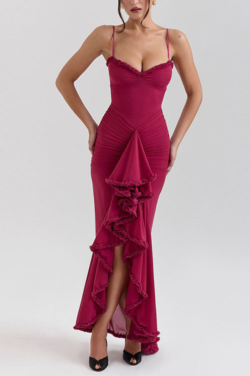 Spaghetti Strap Frill Trim Draped Slit Maxi Dress