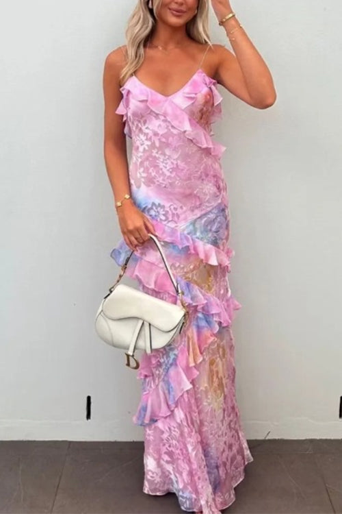 Moxidress Spaghetti Strap Backless Ruffle Trim Printed Maxi Dress