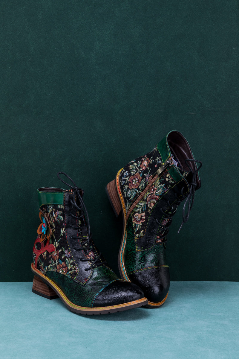 Soffia | Appliqued Lace Up Leather Ankle Boot