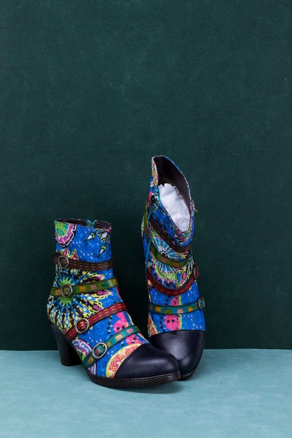 Soffia | Mandala Blue Firework Strap Accent Leather Boot