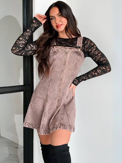 Sloane Relaxed Denim Overall Mini Dress - Brown
