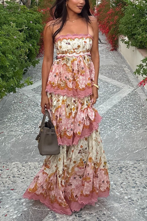 Spaghetti Strap Back Lace-up Ruffle Layered Print Maxi Dress