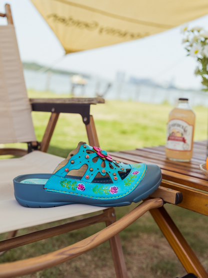 Soffia | Turquoise -applique Cutout Leather Sandal