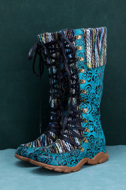 Soffia | Rose Embossed Teal Leather Tie-accent Boot