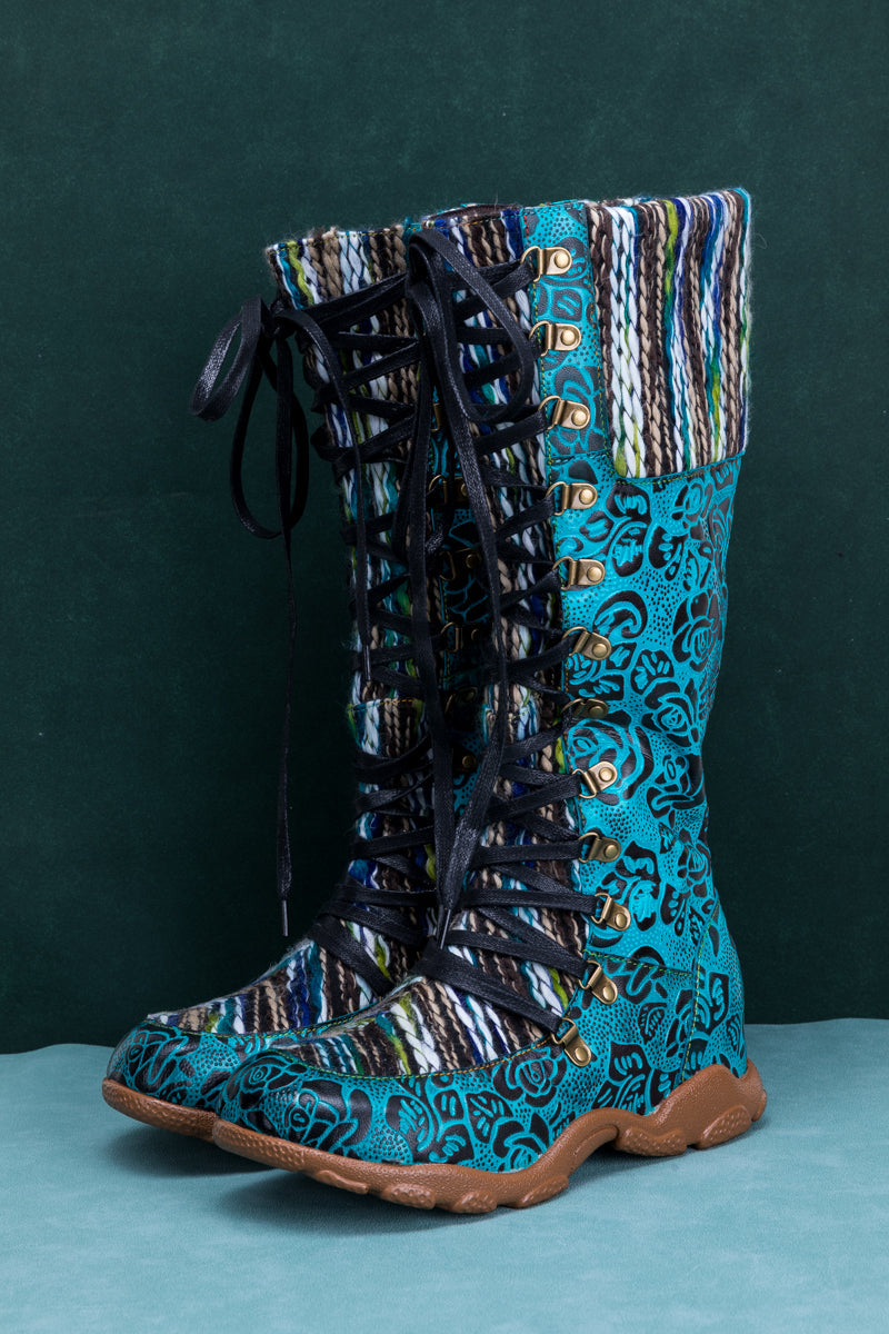 Soffia | Rose Embossed Teal Leather Tie-accent Boot