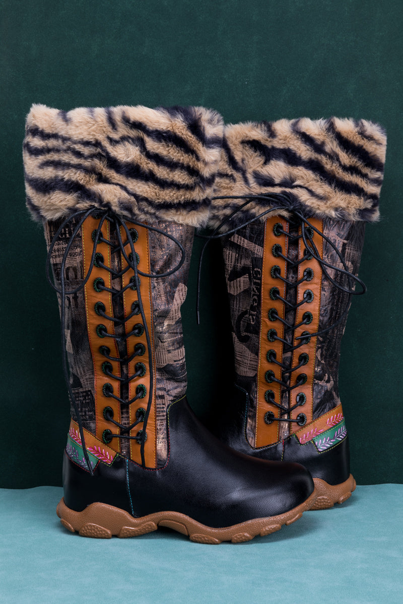Soffia | Tiger Pattern Fur Circum Leather Tie-accent Boot