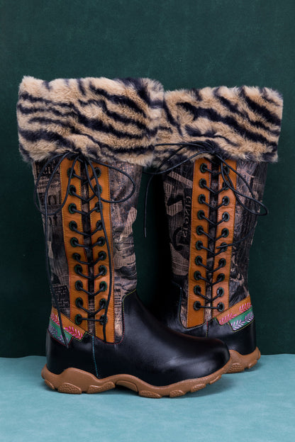 Soffia | Tiger Pattern Fur Circum Leather Tie-accent Boot