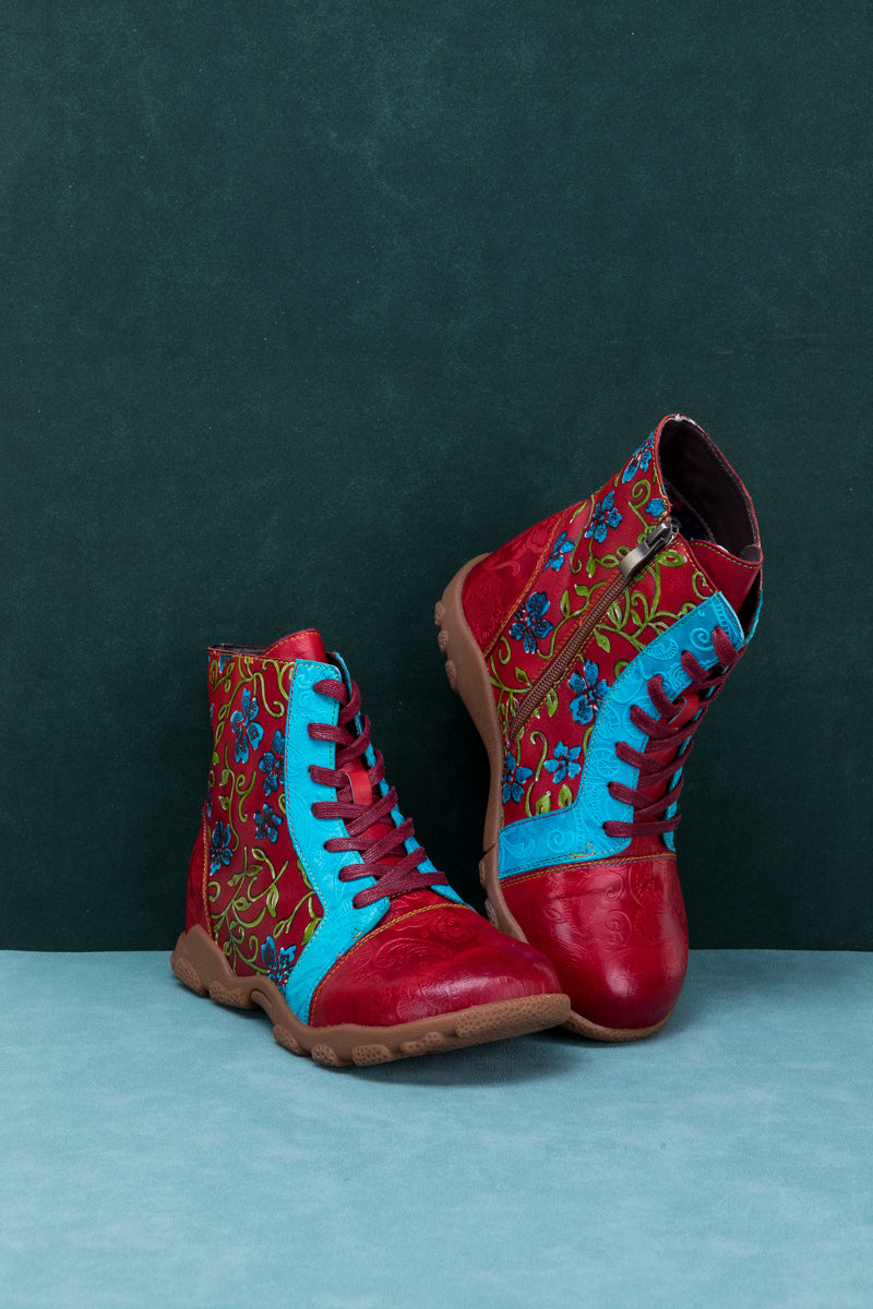 Soffia | Swirl Embossed Lace Up Leather Combat Boot