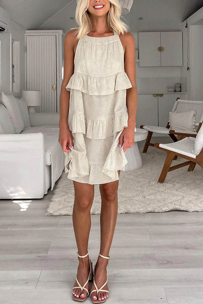 Halter Neck Tiered Cotton Linen Mini Dress
