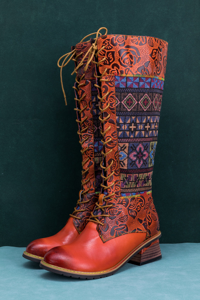 Soffia | Geometry Patchwork Embossed Leather Knee High Boot