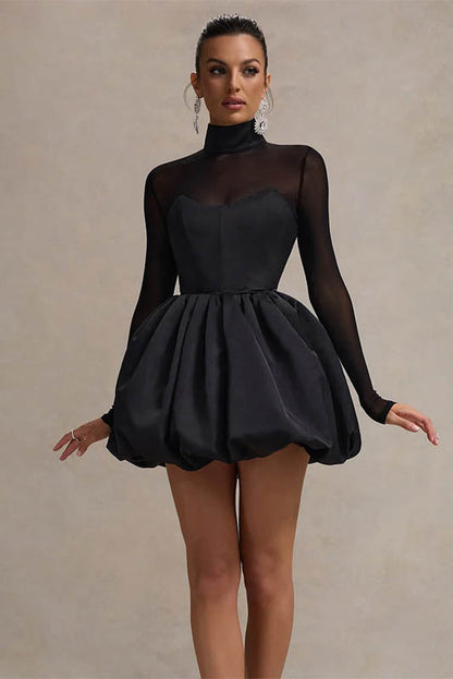 Winter Mesh Sheer Slim Fit Puff Mini Dress