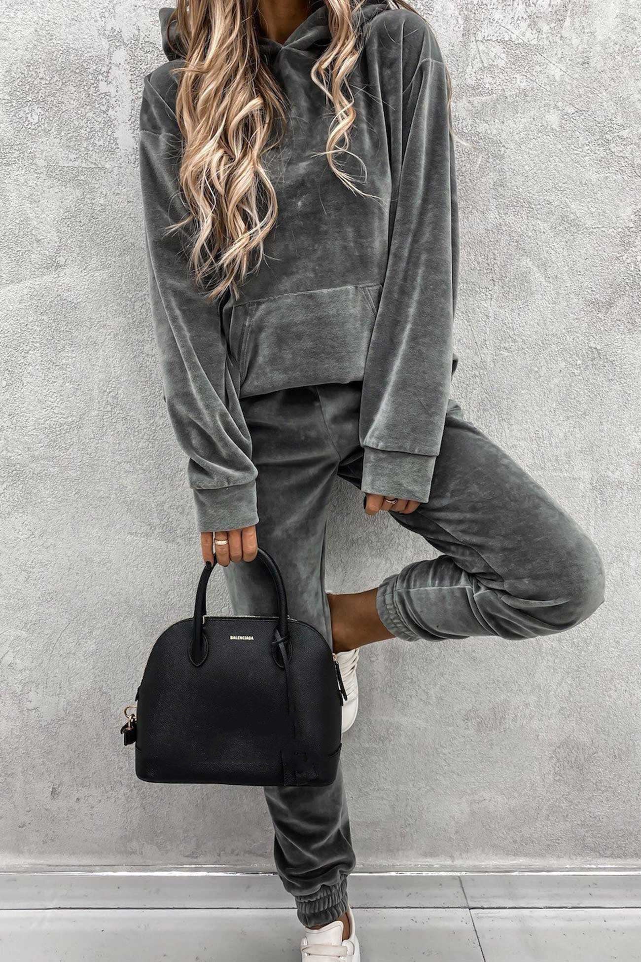 Velour Color Hoodie Long Pants Set