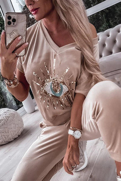 Sequin Pattern V Neck Short Sleeve Top With Pocketed Pants Set