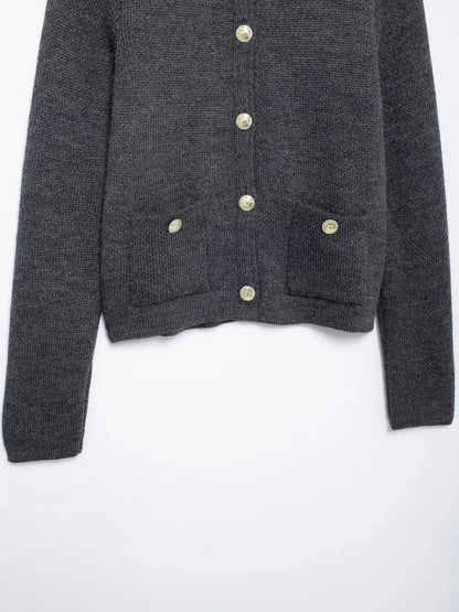 Gold Decorated Row Button Short Knitted Cardigan