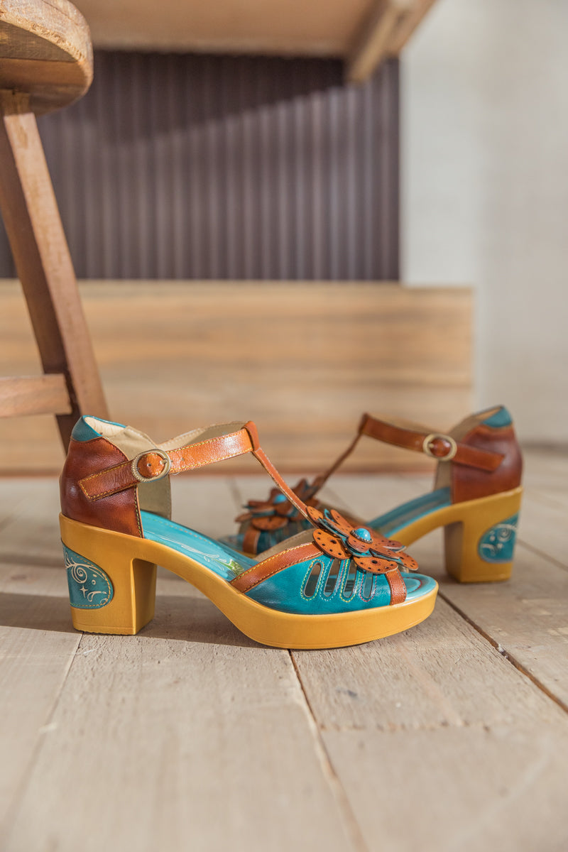 Soffia | Daisy Applique T Strap Leather Sandal