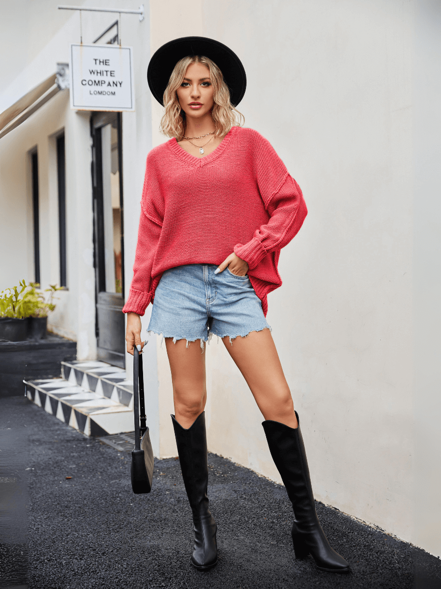 Hughes Heart Neck Knit Sweater - Coral