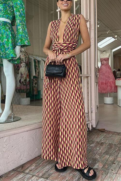 Moxidress Back Criss Cross Knot Waist Wide Leg Printed Jumpsuit