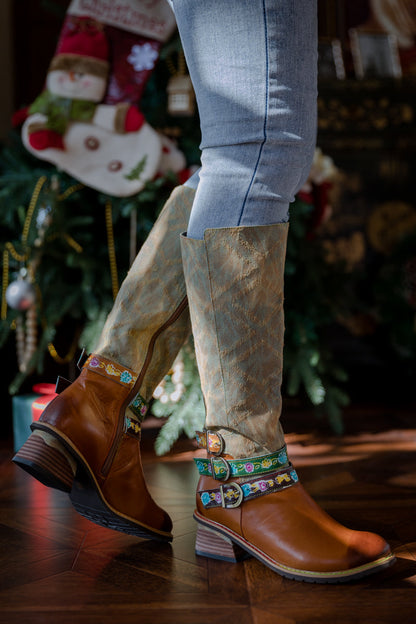 Soffia | Tri-strap Canvas Leather Knee High Boot