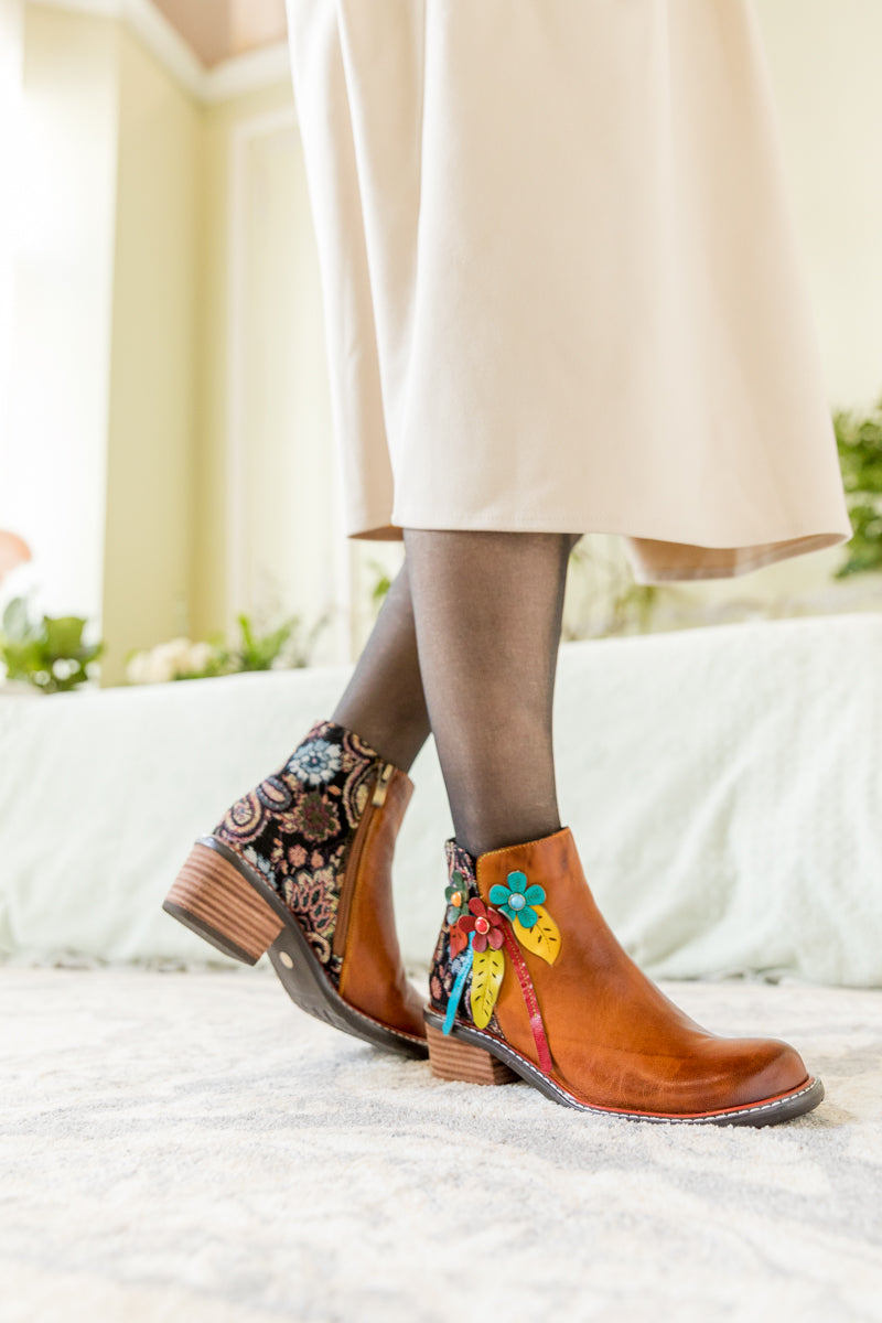 Soffia | Petal Applique Leather Ankle Boot