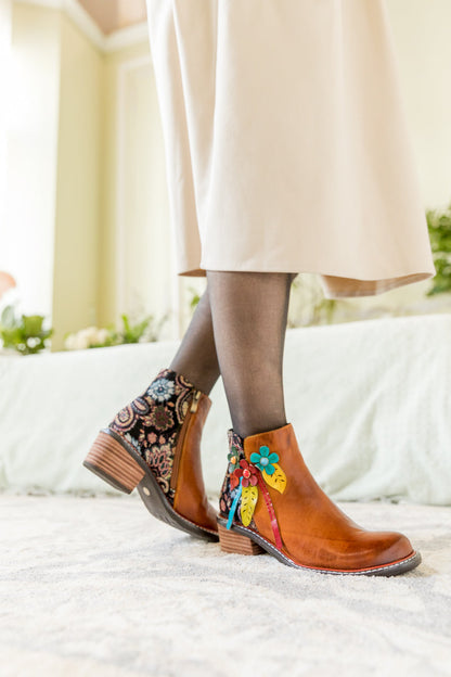 Soffia | Petal Applique Leather Ankle Boot