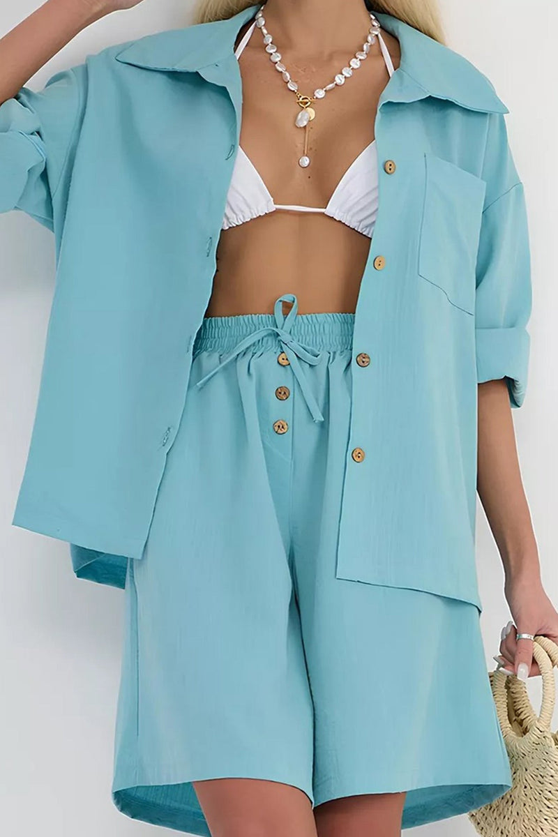 Color Shirt Single-breasted Bermuda Shorts Set