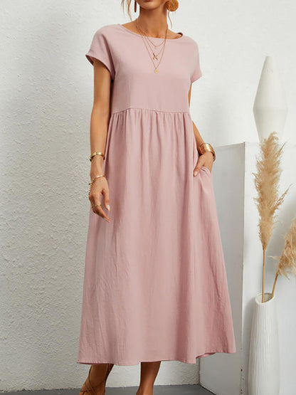Loose Short Sleeves Pleated Color Round-neck Midi Dresses