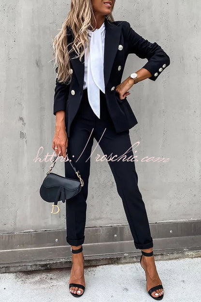 Time to Charm Lapel Button Pocket Long Sleeve Blazer Elastic Waist Pants Suit