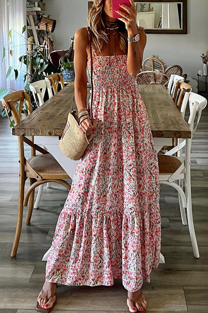 Ready to Vacation Print Smocked Waist Maxi Dress