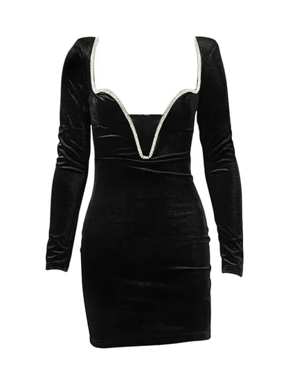 Deep V Wrapped Hip Velvet Backless ’s Dress Long Sleeve High Waist Temperament Mini Dress Party Club Clothing