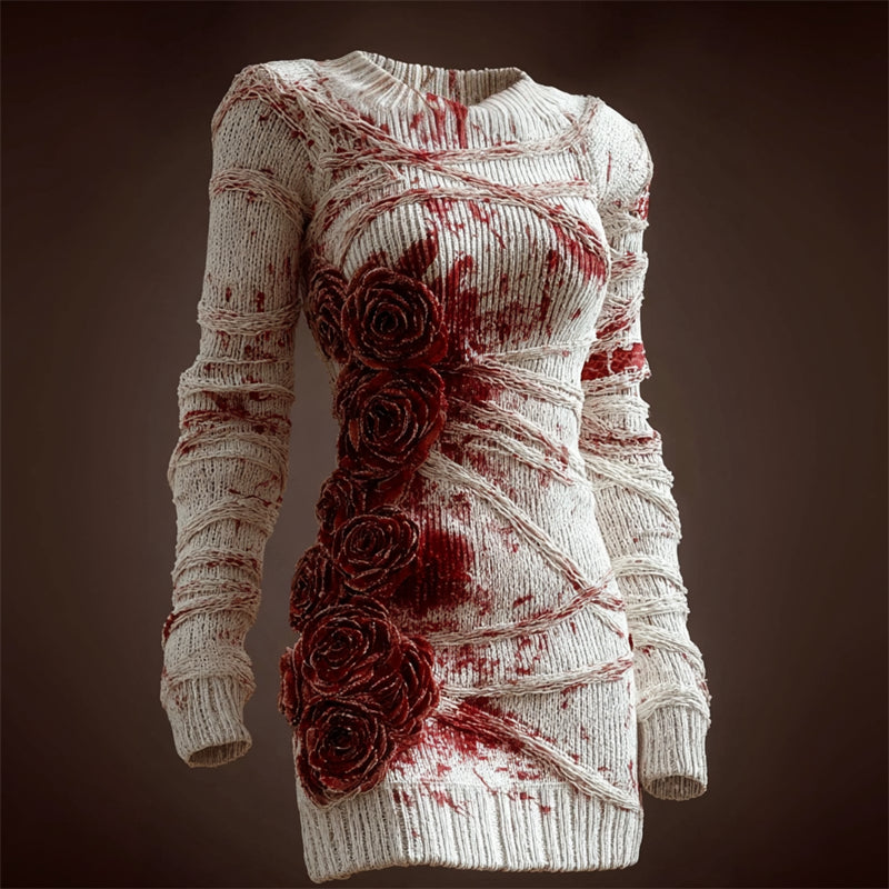 Comstylish Bloody Bandages Glitter Roses Cozy Knit Sweater Dress