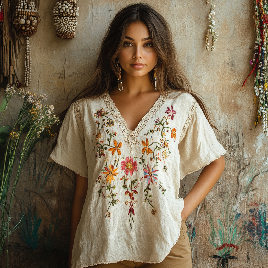 Women's Vintage Bohemian Floral Print V Neck T-shirt elevenforest