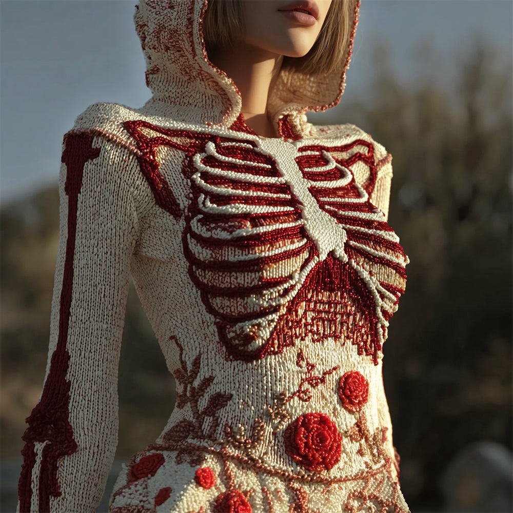 Comstylish Halloween Skeleton Floral Art Women's Knit Hooded Sweater