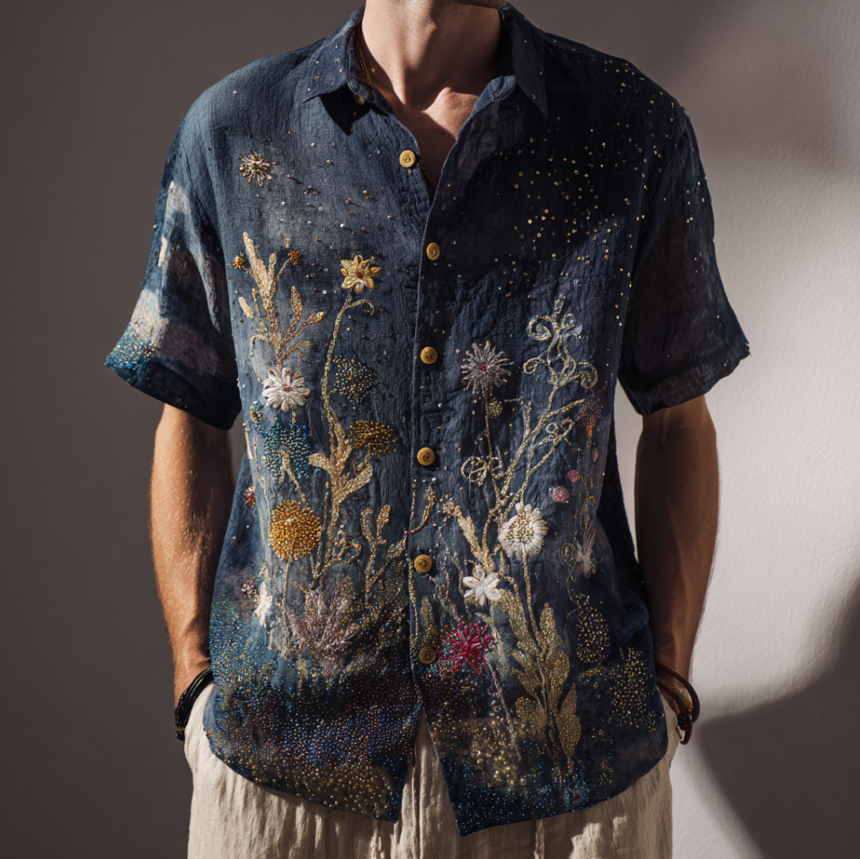 Bohemian Style Plant And Flower Pattern Men's Retro Cotton And Linen Shirt elevenforest