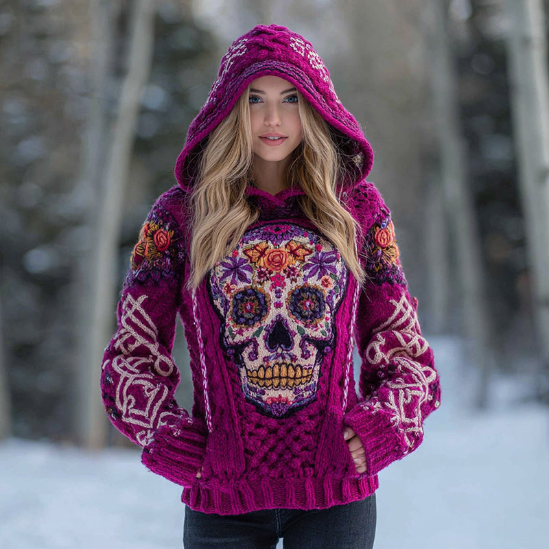 Women's Vintage Tribal Celtic Skull Art Knit Hooded Sweater elevenforest