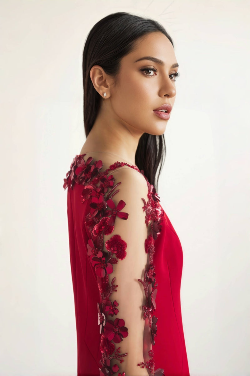 Thety Red 3d Mesh Maxi Dress