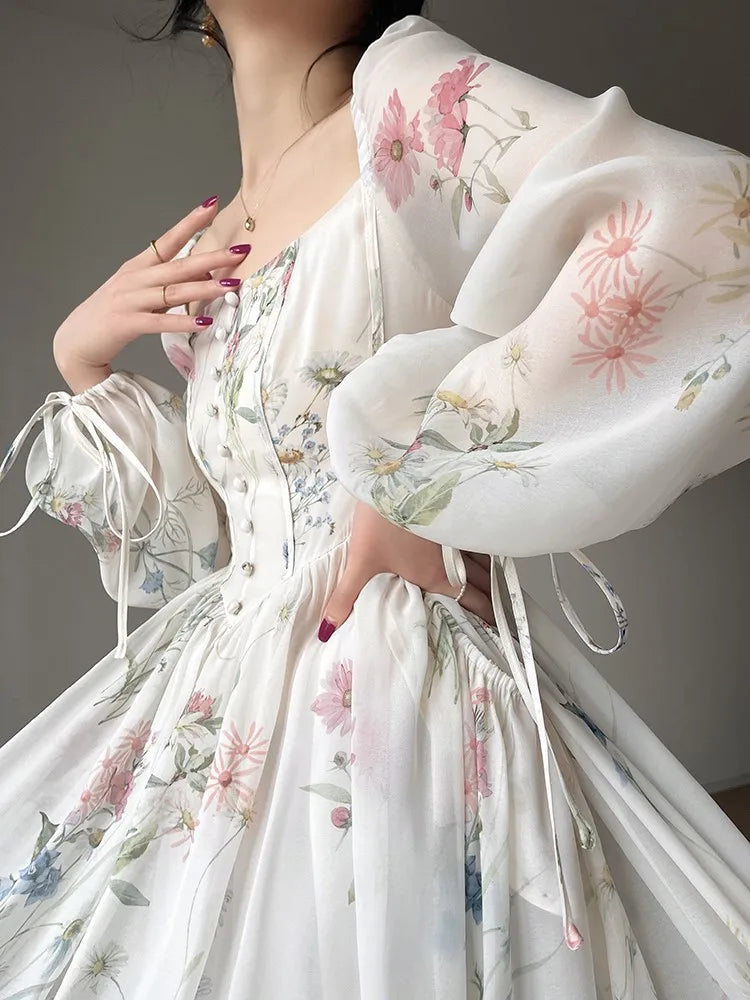 French Vinatge Evening Party Long Dresses for A-line Princess Dress Lantern Sleeve Spring Summer Prom Robe Vestidos