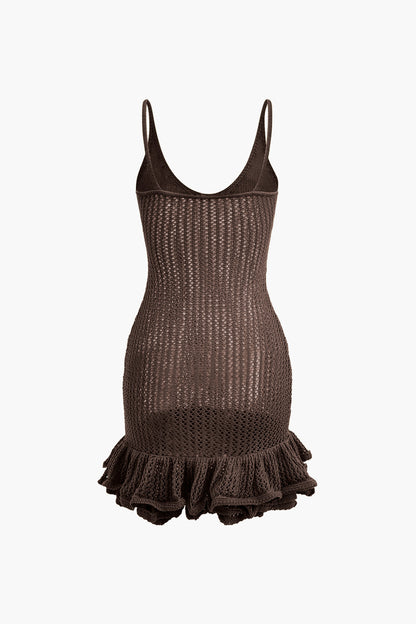 Color Open Knit Ruffle Hem Cami Mini Dress
